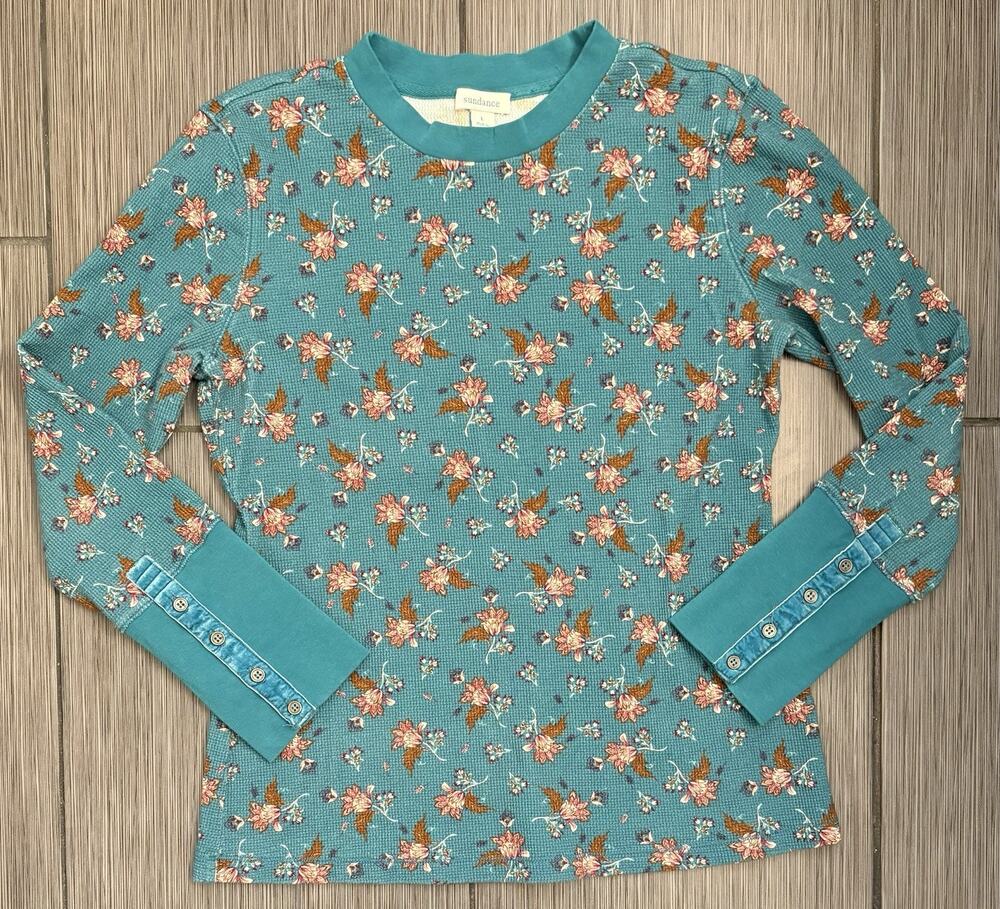 Sundance Thermal Waffle Knit Long Sleeve Shirt Top Teal Blue Large Button Cuff